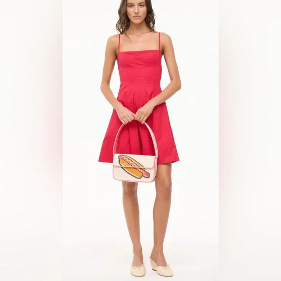 NWT STAUD Tommy Beaded Bag Hotdog Weiner Dog Dachshund Doggie Summer Mustard - Picture 2 of 7